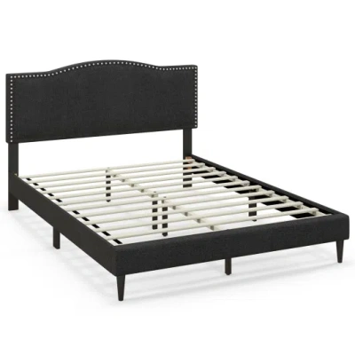 Costway Queen Size Upholstered Bed Frame With Nailhead Trim Headboard-queen Size In Black