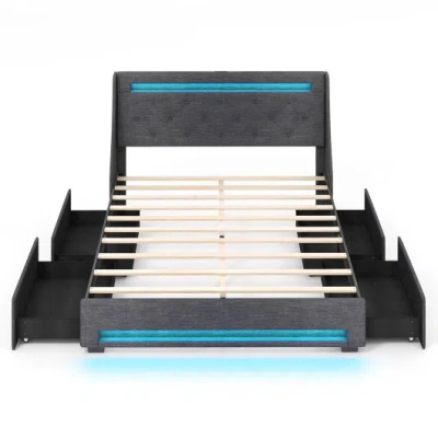Costway Queen Size Upholstered Platform Bed Frame With Led Lights And Charging Station-grey In Multi