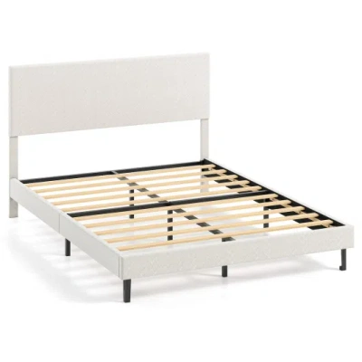 Costway Queen Size Velvet Bed Frame Upholstered Platform Bed With Chevron Headboard Beige In White