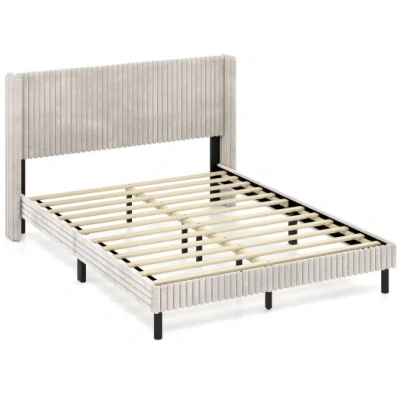 Costway Queen Size Velvet Bed Frame With Vertical Channel Tufted Wingback Headboard-white In Gray