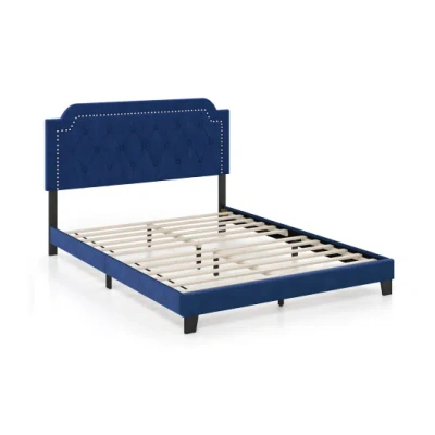 Costway Queen Size Velvet Platform Bed With Button Tufted And Nailhead Trim Headboard-queen Size In Multi