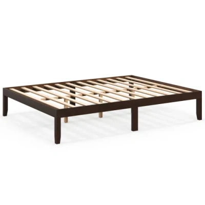 Costway Queen Size Wood Bed Frame With Wooden Slats Support And Rubber Wood Legs-espresso In Black