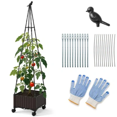 Costway Raised Garden Bed Adjustable With Plant Box And Trellis With Lockable Wheels In Multi