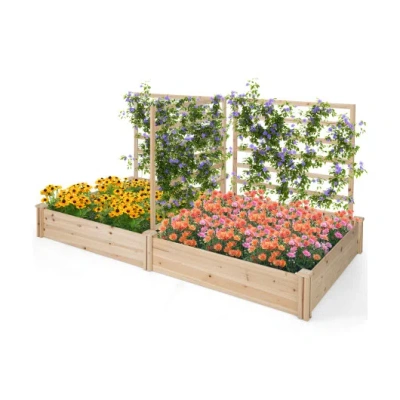 Costway Raised Garden Bed With 2 Planter Boxes And 3 Trellis-natural In Brown