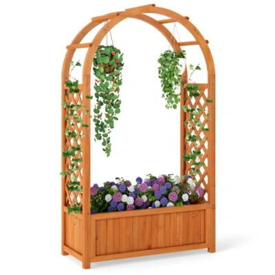 Costway Raised Garden Bed With Lattice Trellis Ached Roof Wooden Elevated Planter Box-brown In Orange