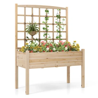 Costway Raised Garden Bed With Lattice Trellis And Drainage Holes Elevated-natural In Multi