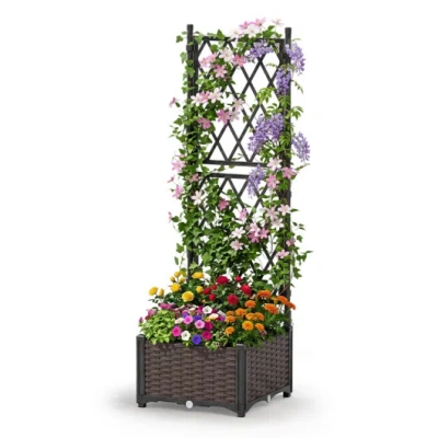 Costway Raised Garden Bed With Lattice Trellis, Drainage Self-watering Elevated Vertical Planter Boxes-black In Green