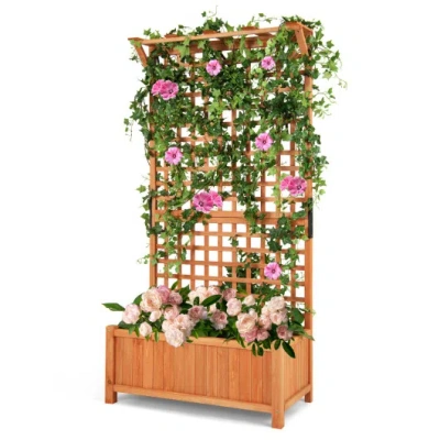 Costway Raised Garden Bed With Trellis And Hanging Roof-natural In Brown