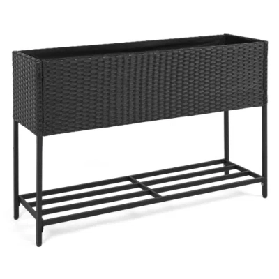Costway Raised Wicker Garden Bed With Storage Shelf And Removable Liner-black