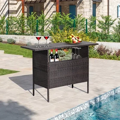 Costway Rattan Bar Table In Brown