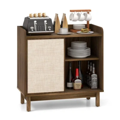 Costway Rattan Buffet Sideboard Mid Century Floor Storage Cabinet With Sliding Door And Adjustable Shelves-w In Brown