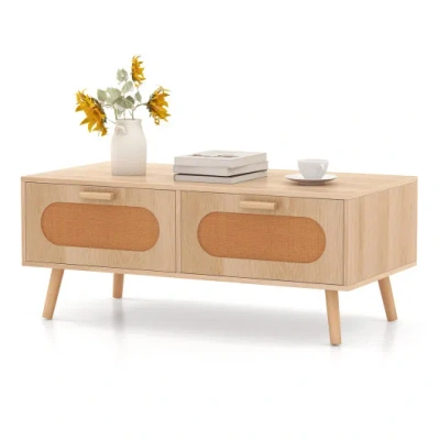Costway Rattan Coffee Table Mid Century Modern Center Table With 2 Storage Drawers-natural In Multi
