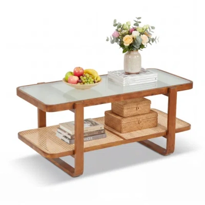 Costway Rattan Coffee Table With Tempered Glass Top And Storage Shelf-walnut In Animal Print