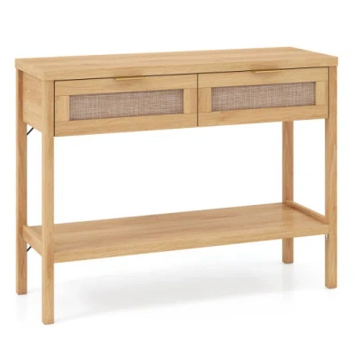 Costway Rattan Console Table With 2 Drawers And Bottom Shelf-natural In Brown