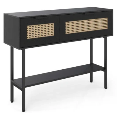 Costway Rattan Console Table With 2 Storage Cabinets Shelf Carbon Steel Frame-black