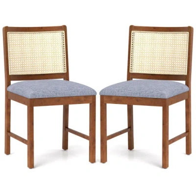 Costway Rattan Dining Chair Set Of 2 With Rubber Wood Frame And Linen Fabric Padded Seat-walnut In Brown