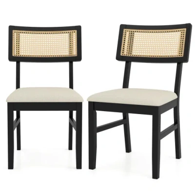 Costway Rattan Dining Chairs Set Of 2 Fabric Upholstered Kitchen Chairs With Padded Seat And Rubber Wood Leg In Multi