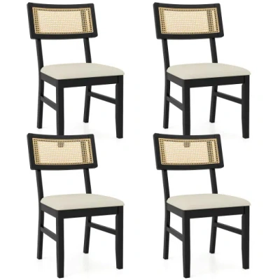 Costway Rattan Dining Chairs Set Of 4 Fabric Upholstered Kitchen Chairs With Padded Seat And Rubber Wood Leg In Multi