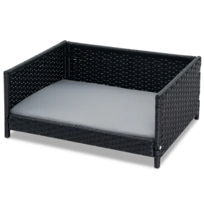 Costway Rattan Dog Bed With Waterproof Soft Cushion For Medium Small Dogs Cats-gray In Black