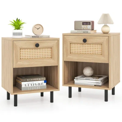 Costway Rattan Nightstand Boho End Table With Rattan Drawer And Open Shelf Set Of 2-natural In Brown