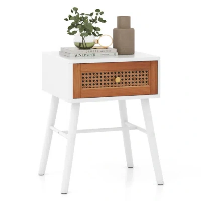 Costway Rattan Nightstand Mid Century Modern Accent Table With Drawer-white In Brown