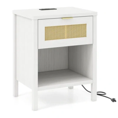 Costway Rattan Nightstand With Charging Station And Storage Shelf For Bedroom-white In Black