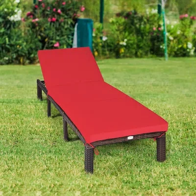 Costway Rattan Reclining Chaise Lounge With Cushion In Red