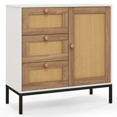 Costway Rattan Sideboard Buffet Cabinet With 1 Door And 3 Drawers-white In Multi