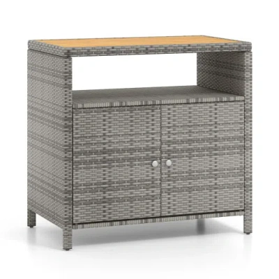 Costway Rattan Storage Cabinet With Acacia Wood Countertop For Poolside Deck And Patio-gray
