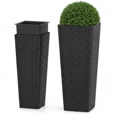 Costway Rattan Tall Planter Set Of 2 Outdoor Large Tapered Planters With Removable Inner Trays-black
