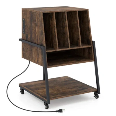 Costway Record Player Stand On Wheels Rolling Turntable Stand With Power Outlets-rustic Brown