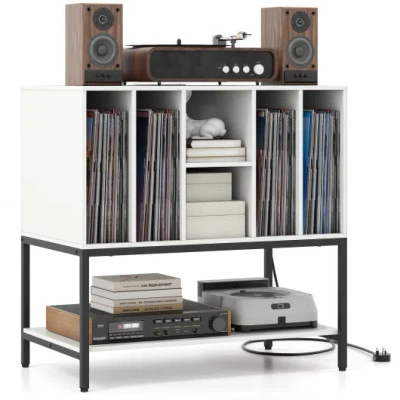 Costway Record Player Stand With Charging Station And Metal Frame-white In Brown