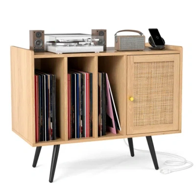 Costway Record Player Stand With Charging Station And Rattan Cabinet For Living Room-natural In Brown
