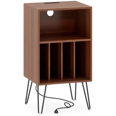 Costway Record Player Stand With Charging Station Turntable Stand With Vinyl Storage-walnut In Brown