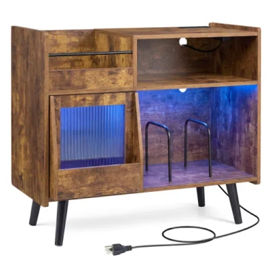 Costway Record Player Stand With Led Light And Power Outlets-rustic Brown