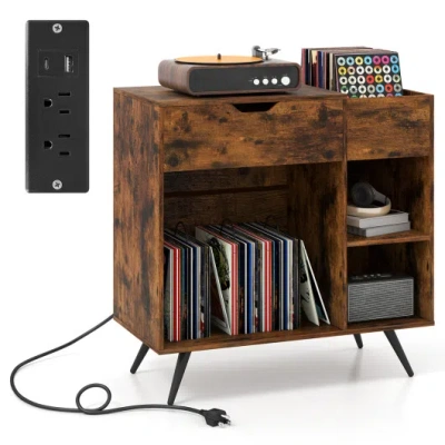 Costway Record Player Stand With Power Outlet-rustic Brown