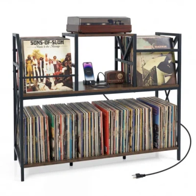 Costway Record Player Stand With Power Outlets And Vinyl Storage And Dividers For Albums-rustic Brown In Black
