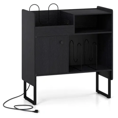 Costway Record Player Stand With Power Outlets And Vinyl Storage Holder Up To 250 Albums-black