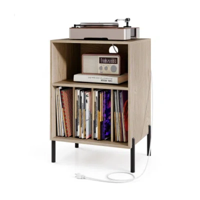 Costway Record Player Stand With Record Storage Shelf And Charging Station-natural In Brown