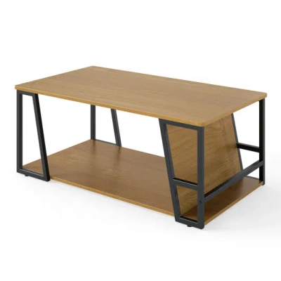 Costway Rectangle Coffee Table 2-tier Industrial Accent Table With Storage Shelf And Compartment-natural In Brown
