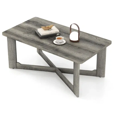 Costway Rectangle Coffee Table Rubber Wood Base With X-shaped Base-gray In Animal Print