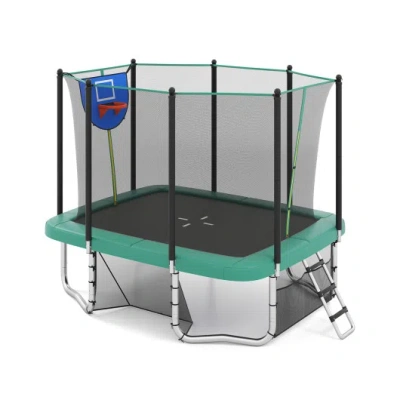 Costway Rectangle Outdoor Trampoline 10 X 8 Ft Heavy-duty Trampoline With Basketball Hoop-green In Black