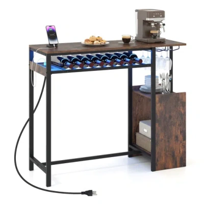 Costway Rectangular Bar Table With Charging Station And Led Light-rustic Brown In Blue