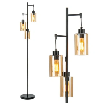 Costway Retro Floor Lamp With 3-head Hanging Amber Glass Shade In Black