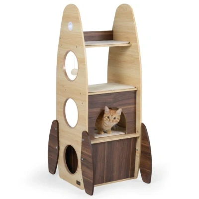 Costway Rocket Cat Tree 47 Inch Large Wooden Cat Tower For Indoor Cats-natural In Brown