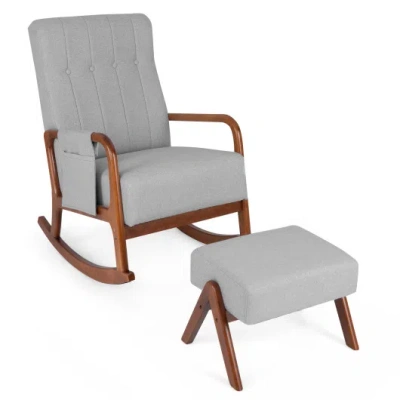 Costway Rocking Chair With Ottoman Solid Rubber Wood Frame Padded Cushion-gray