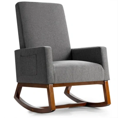 Costway Rocking High Back Upholstered Lounge Armchair With Side Pocket-gray In Multi
