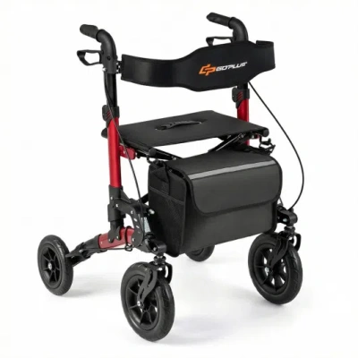 Costway Rollator Walker For Seniors Folding Rolling Walker With Seat-red In Black