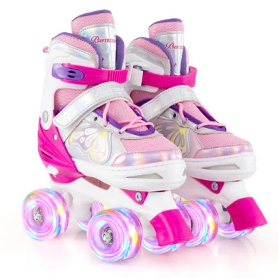 Costway Roller Skates For Teens 4 Sizes Adjustable With Light-up Wheels For Boys Girls Ages 13+-rose Red In Pink