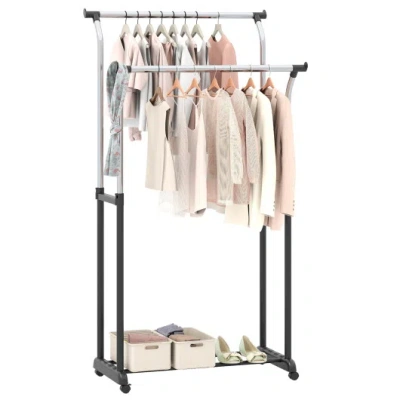 Costway Rolling Clothes Rack Double Rod Garment Rack With Adjustable Height In Black